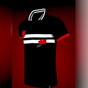 Red and Black Polo Shirt with Striking Chest Design